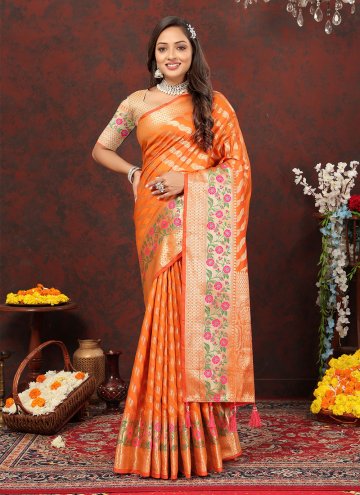 Dazzling Orange Silk Meenakari Classic Designer Saree for Ceremonial