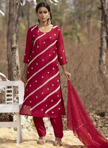 Dazzling Red Muslin Embroidered Pant Style Suit fo