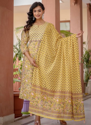 Dazzling Yellow Cotton  Printed Pant Style Suit fo