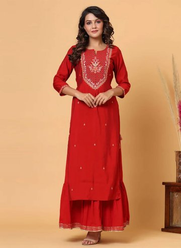 Embroidered Chanderi Red Casual Kurti