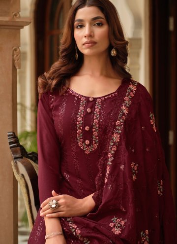 Embroidered Chinon Maroon Salwar Suit