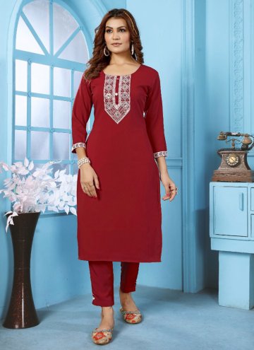 Embroidered Cotton  Maroon Casual Kurti