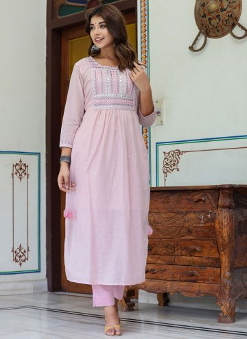 Embroidered Cotton  Pink Party Wear Kurti