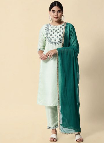Embroidered Cotton Silk Green Pant Style Suit