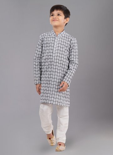 Embroidered Cotton Silk Grey Kurta Pyjama