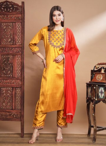Embroidered Cotton Silk Mustard Salwar Suit