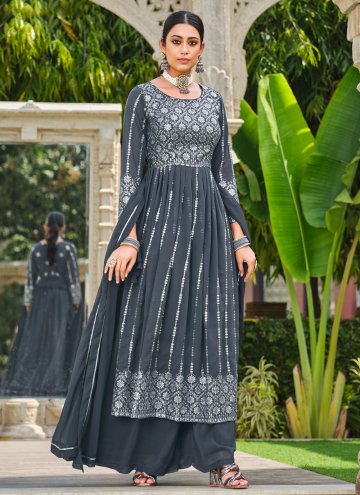 Embroidered Faux Georgette Grey Palazzo Suit