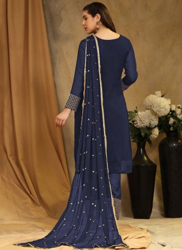 Embroidered Faux Georgette Navy Blue Trendy Salwar Suit