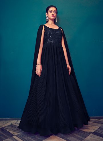 Embroidered Georgette Navy Blue Gown