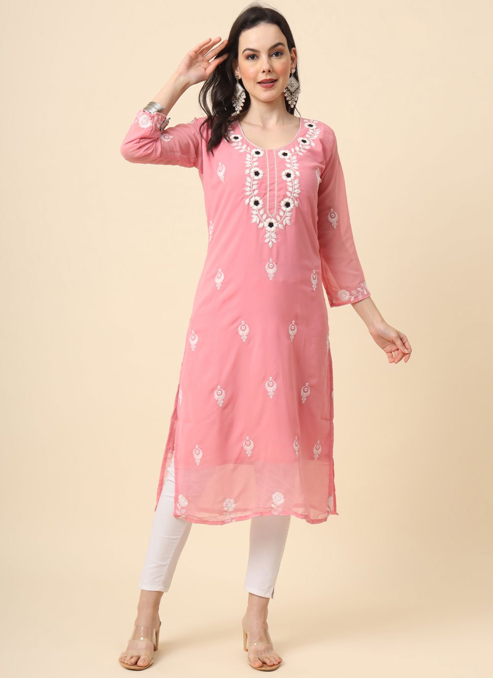 Embroidered Georgette Pink Party Wear Kurti