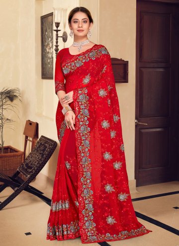 Embroidered Georgette Red Traditional Saree