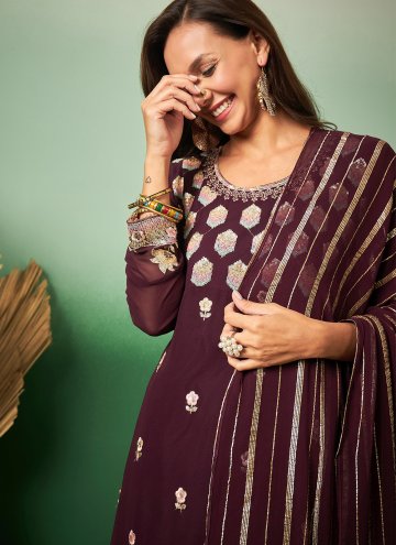 Embroidered Georgette Wine Palazzo Suit