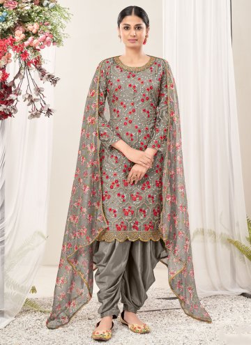 Embroidered Net Grey Patiala Suit