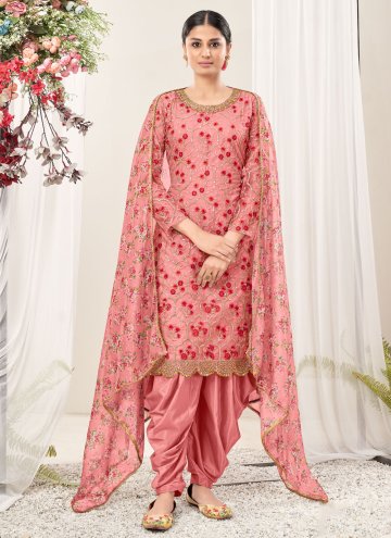 Embroidered Net Pink Patiala Suit