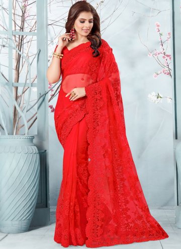 Embroidered Net Red Traditional Saree