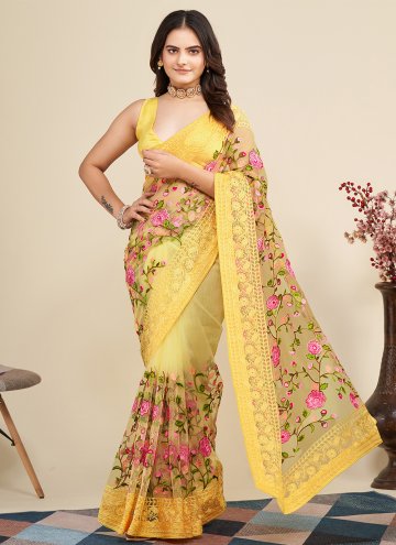 Embroidered Net Yellow Contemporary Saree