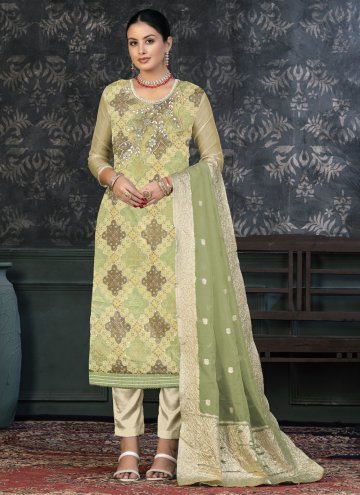 Embroidered Organza Green Salwar Suit