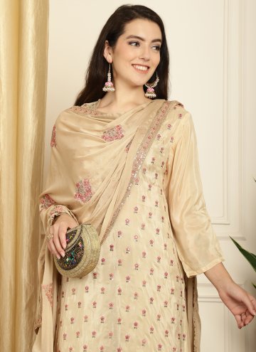 Embroidered Pure Silk Beige Trendy Salwar Suit