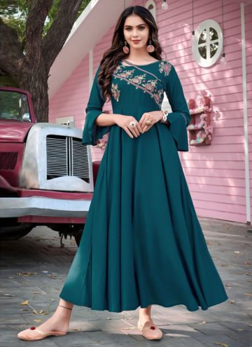 Embroidered Rayon Teal Readymade Designer Gown
