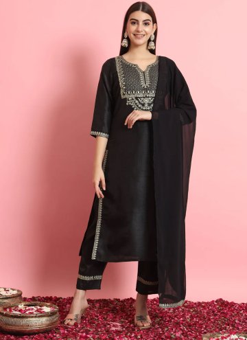 Embroidered Silk Blend Black Pant Style Suit