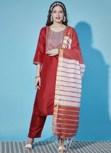 Embroidered Silk Blend Red Pant Style Suit