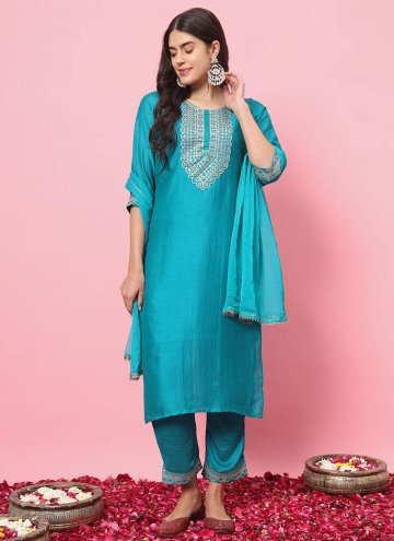 Embroidered Silk Blend Turquoise Salwar Suit