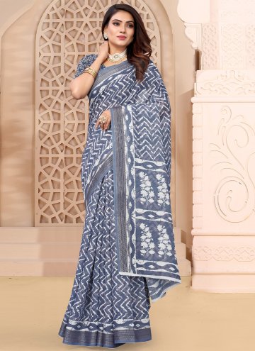 Fab Blue Linen Border Printed Sarees for Casual