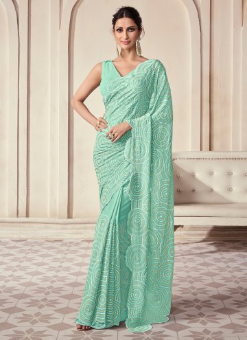 Fab Sea Green Georgette Sequins Work Contemporary Saree for Engagement