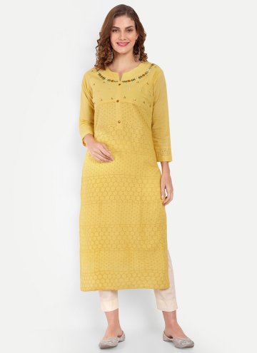Fab Yellow Cotton  Embroidered Designer Kurti for 