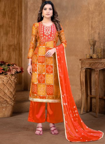 Fancy Fabric Palazzo Suit in Orange Enhanced with Hand Work