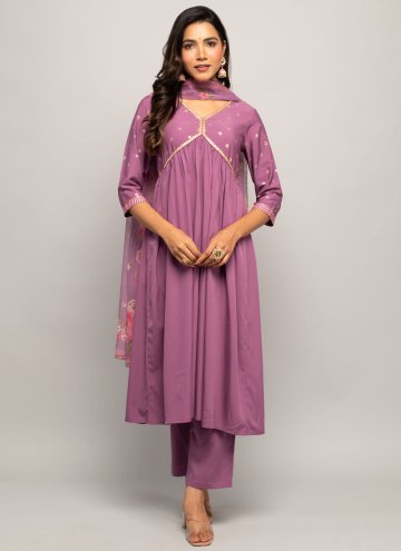 Faux Crepe Trendy Salwar Kameez in Purple Enhanced with Printed