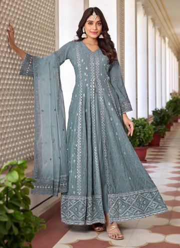 Faux Georgette Anarkali Salwar Kameez in Grey Enhanced with Embroidered