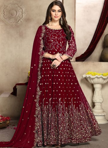 Faux Georgette Anarkali Suit in Red Enhanced with 