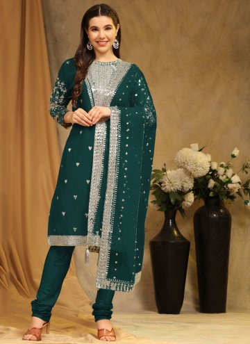 Faux Georgette Churidar Salwar Kameez in Green Enhanced with Embroidered