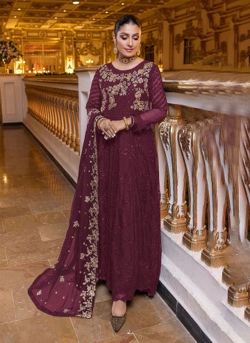 Faux Georgette Pakistani Suit in Purple Enhanced with Embroidered