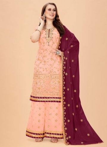 Faux Georgette Straight Salwar Kameez in Peach Enhanced with Embroidered