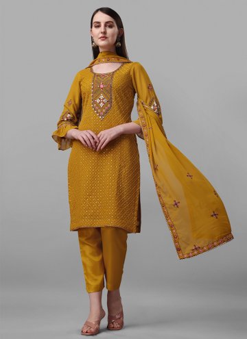Faux Georgette Straight Suit in Mustard Enhanced with Aari Work