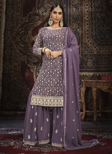 Faux Georgette Trendy Salwar Kameez in Purple Enhanced with Embroidered