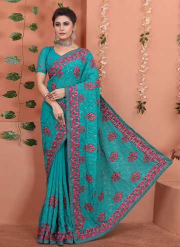 Firozi color Georgette Designer Traditional Saree with Embroidered