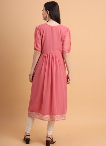 Georgette Designer Kurti in Pink Enhanced with Embroidered