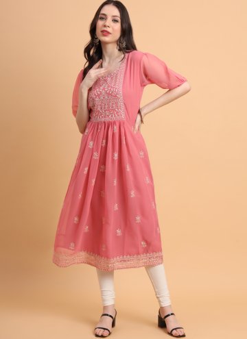 Georgette Designer Kurti in Pink Enhanced with Embroidered