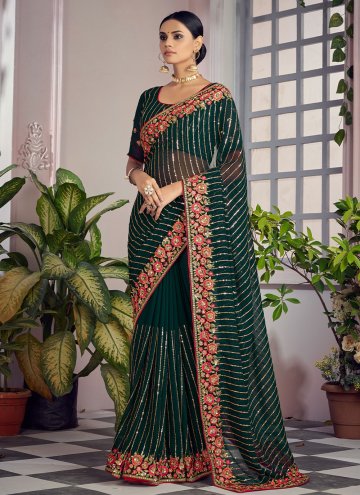 Georgette Designer Saree in Green Enhanced with Em