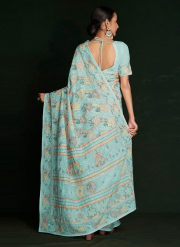 Georgette Designer Saree in Turquoise Enhanced with Lucknowi Work