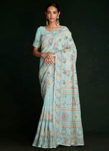 Georgette Designer Saree in Turquoise Enhanced with Lucknowi Work