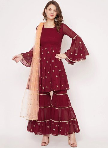Georgette Palazzo Suit in Maroon Enhanced with Emb