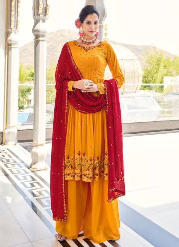 Georgette Salwar Suit in Mustard Enhanced with Embroidered