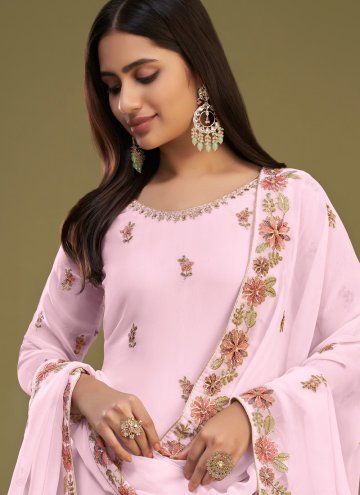 Georgette Salwar Suit in Pink Enhanced with Embroidered