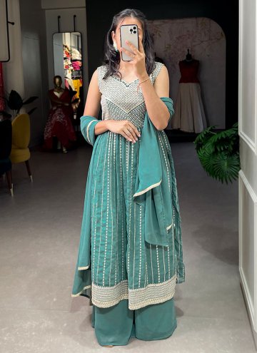 Georgette Salwar Suit in Sea Green Enhanced with Embroidered