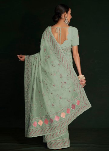 Georgette Trendy Saree in Green Enhanced with Lucknowi Work