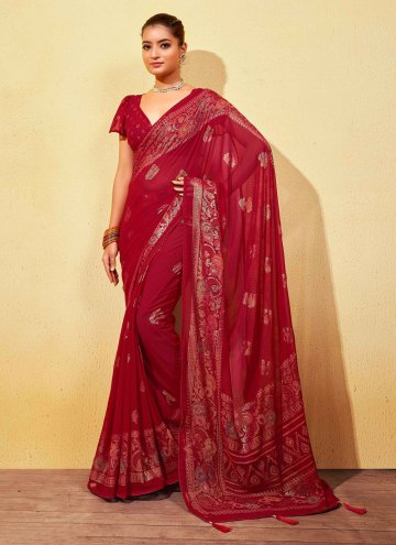 Georgette Trendy Saree in Red Enhanced with Foil P